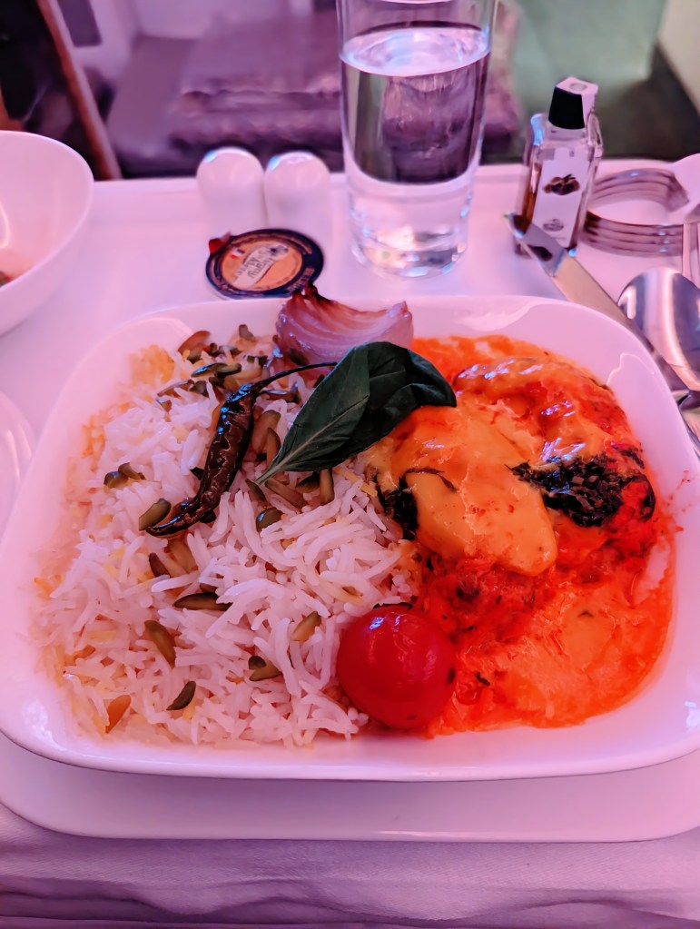 Emirates Airlines business class dinner main course of tandoori lobster