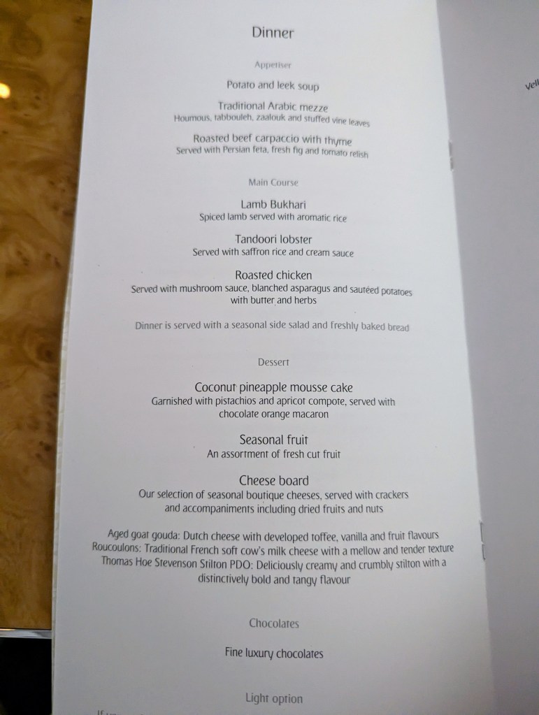 Emirates Airlines Business Class Menu for Dinner
