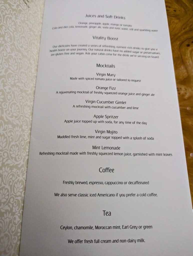 Emirates Airlines business class menu for juice and soft drinks