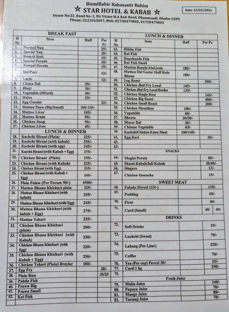 Star Kabab English menu in Dhanmondi