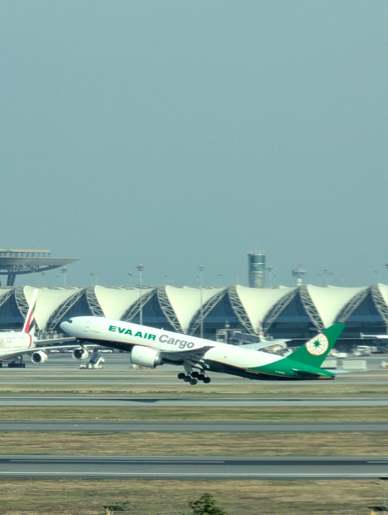 EVA Air Cargo plane taking off at Suvarnabhumi Airport in Bangkok, Thailand.