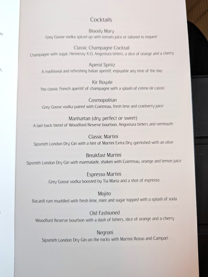 Cocktails menu page of Emirates Airlines in business class