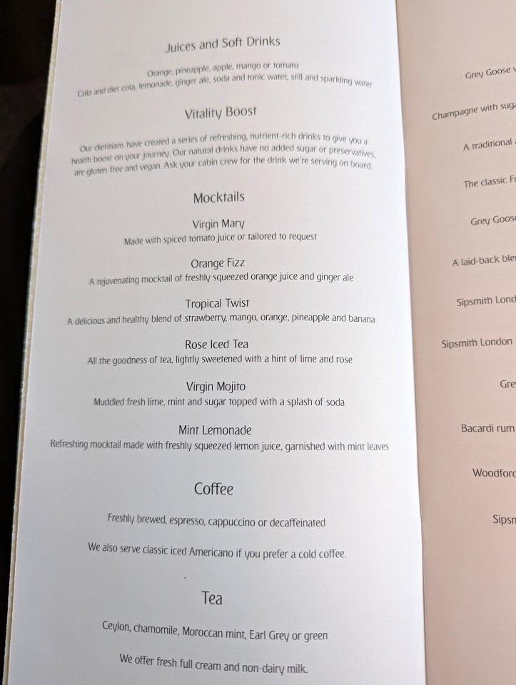 Juices and soft drinks menu page of Emirates Airlines in business class