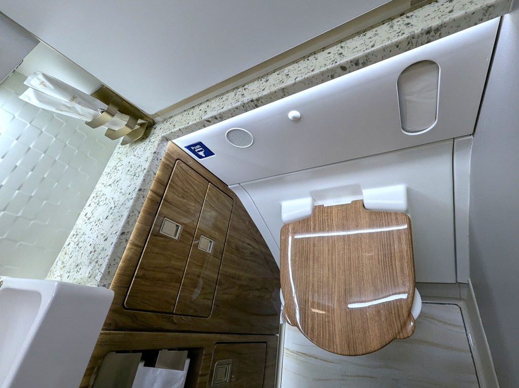 Bathroom/lavatory in business class section of Emirates Airlines