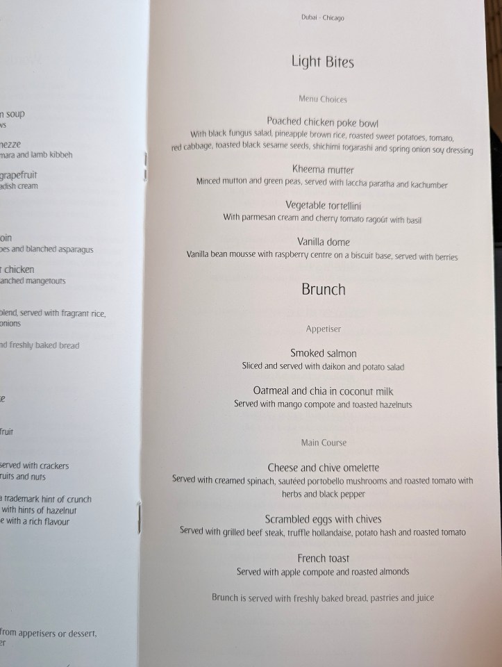 Light bites and brunch page of Emirates Airlines in business class