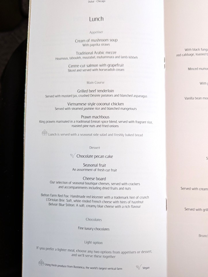 Lunch menu page of Emirates Airlines in business class