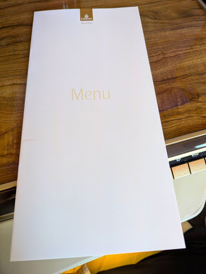 Menu cover page of Emirates Airlines in business class