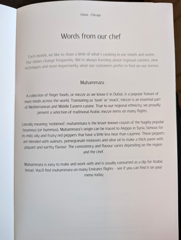 Words from Chef page of Emirates Airlines menu in business class
