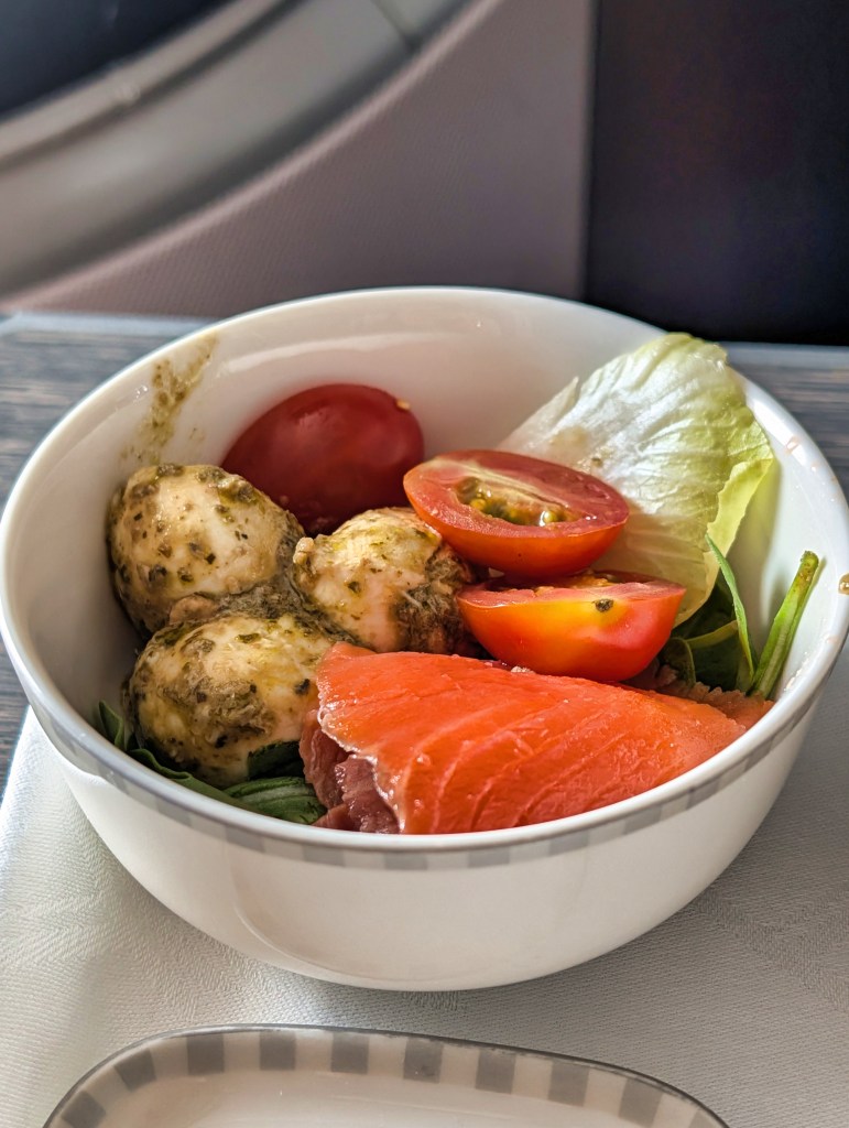 Singapore Airlines Business Class appetizer of smoked salmon salad Smoked salmon salad offered on Singapore Airlines Business Class