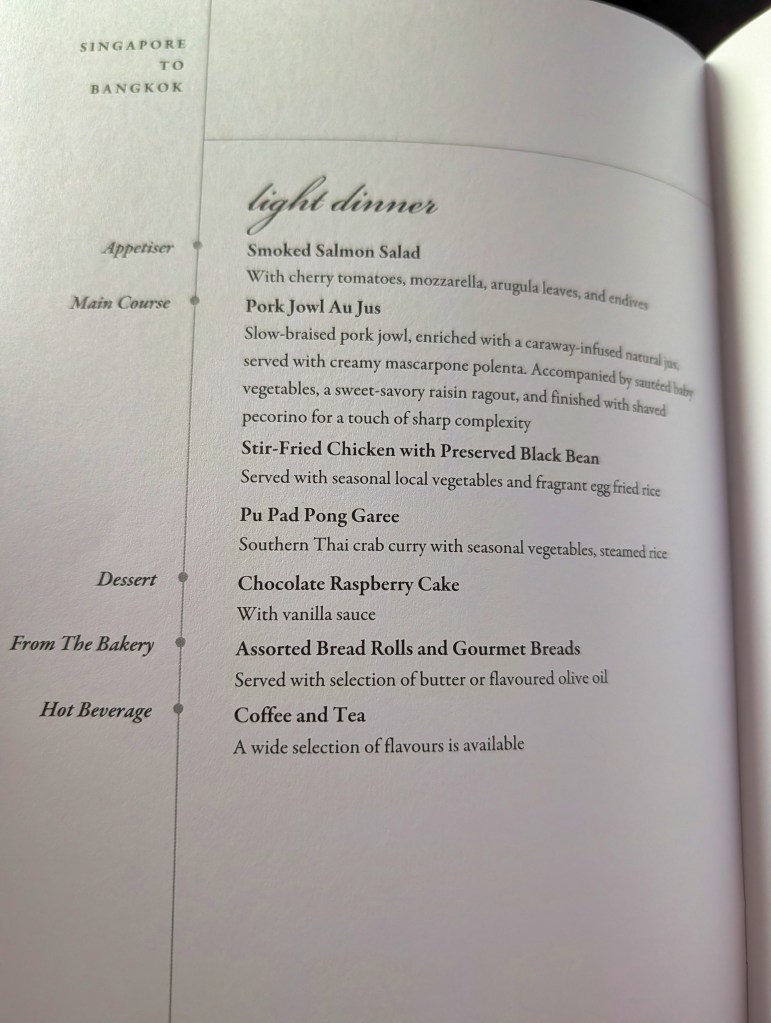 Business class menu offered on Singapore Airlines flying from Singapore to Bangkok Business class menu of Singapore Airlines for flight from Singapore to Bangkok