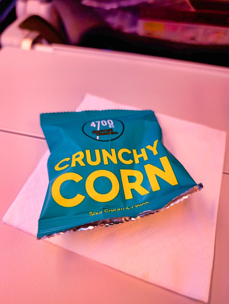 Crunchy corn snack served on Qatar Airways economy class