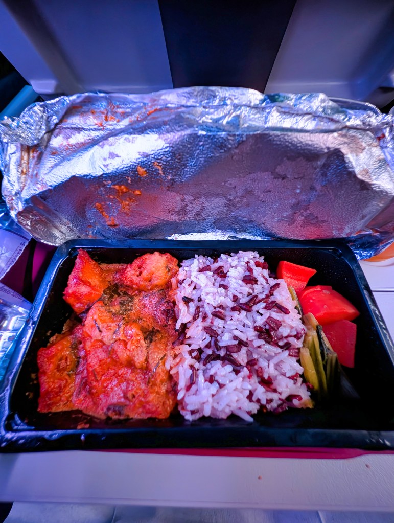Fish Chu Chee with cargo rice, stir-fried veg served on Qatar Airways economy class