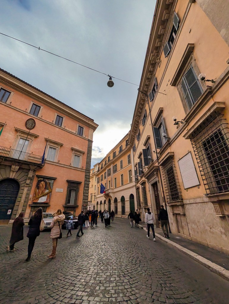 Winding cobblestone streets in Rome, Italy.