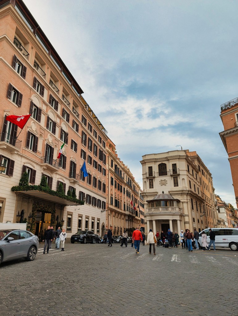 View of Piazza della Trinita dei Monti in Rome, Italy at the top of Spanish Steps.