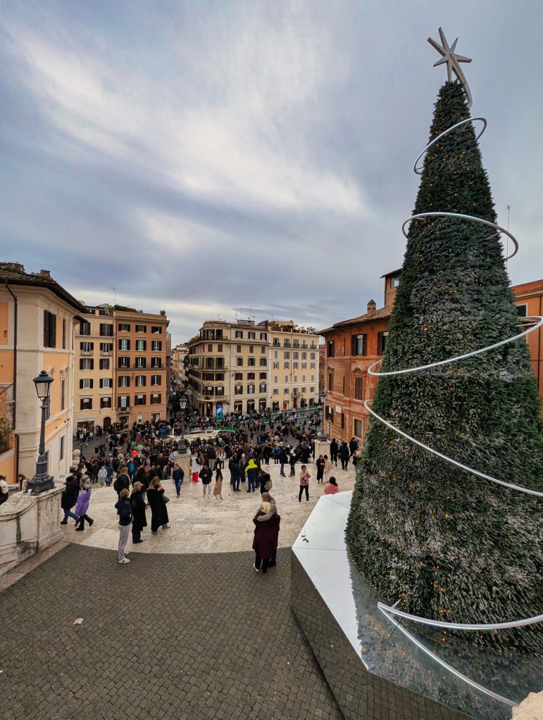 View of Spanish Steps in Rome, Italy, with Christmas tree.